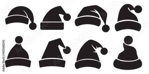 Silhouette of black various santa claus hat vector set	
