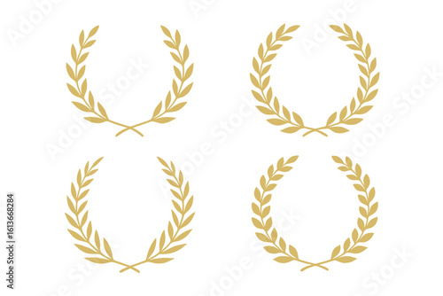 Golden laurel wreath set of four elegant vector elements, classic victory award branch icons, luxury achievement prize decoration clip art, isolated heraldic crown symbols on transparent background