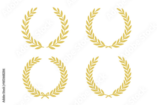 Golden laurel wreath vector set of 4 elegant award emblems, classic victory and achievement symbols, luxury olive branch crown frames, honor badge design elements isolated on transparent background