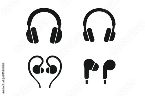 Headphones and Earbuds Icon Set—Over-Ear Headset, DJ Headphones, In-Ear Monitors, Wireless Earbuds, Minimal Silhouette Symbols for Music App UI, Streaming Service, Podcast Interface, Web Audio Buttons