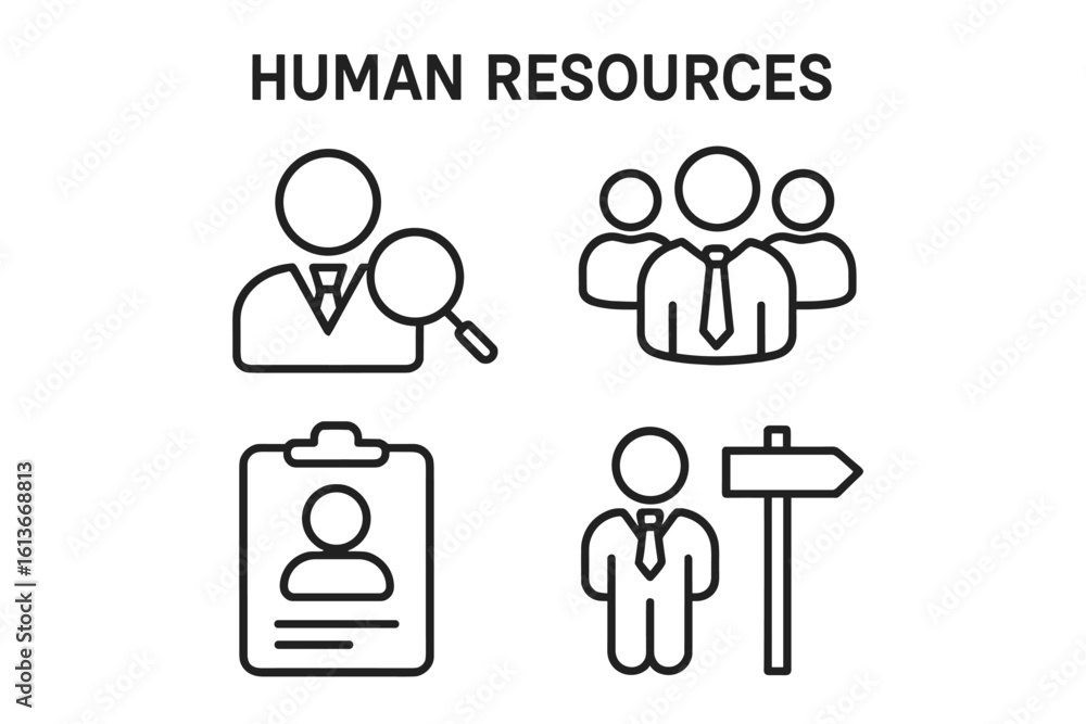 Human resources line icon set – recruitment search symbol, employee group team management, CV clipboard, career direction signpost, thin stroke business staff HR pictograms for web app UI kit Human resources line icon set – recruitment search symbol, employee group team management, CV clipboard, career direction signpost, thin stroke business staff HR pictograms for web app UI kit
