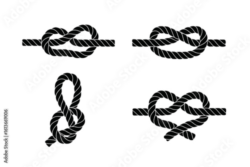 Nautical rope knots silhouette set, four tied cords illustration for marine boating, climbing, sailing, survival, decorative loop and secure tie icons, maritime knot tying reference isolated vector