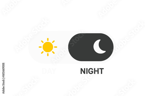 Day and night mode switcher toggle with sun and moon icons. UI on-off switch element for mobile app and web design. Light and dark theme buttons vector illustration.