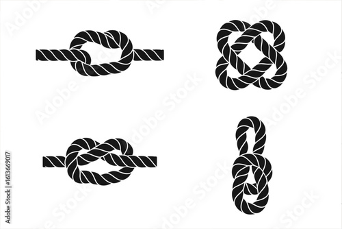 Nautical rope knots set silhouette vector collection. Simple overhand, figure eight and reef knot icons. Sailing, climbing, survival cord tie guide. Decorative maritime knot tying illustration bundle