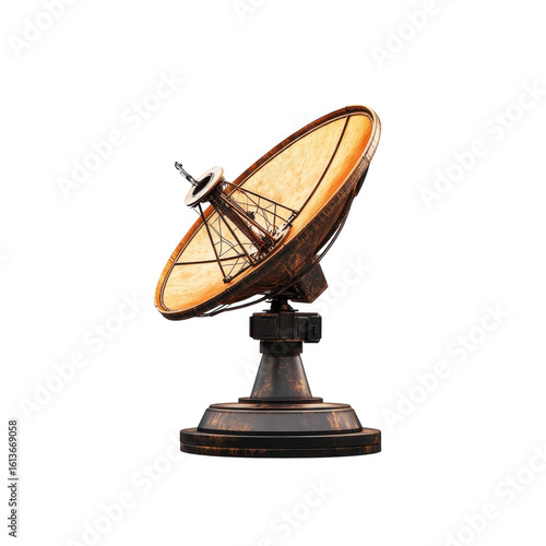 Vintage Satellite Dish Antenna Receiving Signal Isolated Weathered Bronze on transparent background