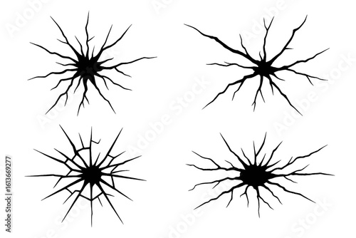 Cracked glass explosion effect silhouette set – 4 dynamic radial impact fractures with splintered shards, broken window hole, spiderweb crack burst shapes, shattered screen damage clip-art icons