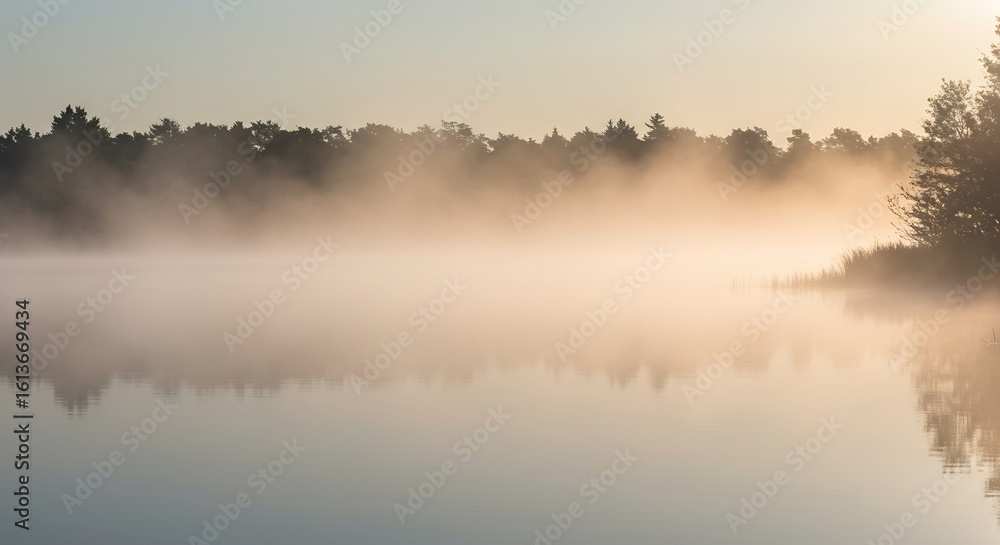 Fototapeta premium 静かな水面に広がる朝霧、木々のシルエットが幻想的に浮かぶ風景