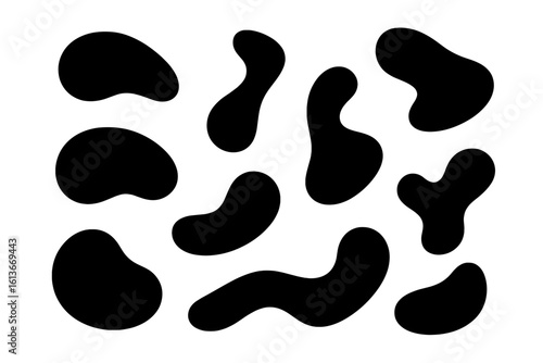 Abstract organic blob shapes vector set in black, fluid irregular silhouette elements for modern minimalist backgrounds, playful mid-century pattern accents for posters, web, packaging, branding