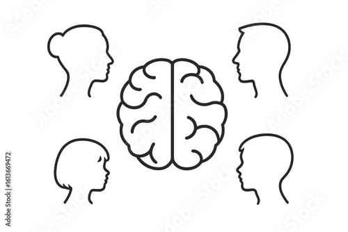Human brain surrounded by diverse male and female head silhouettes. Mental health awareness, psychology identity concept, teamwork brainstorming, group therapy support, outline vector illustration.