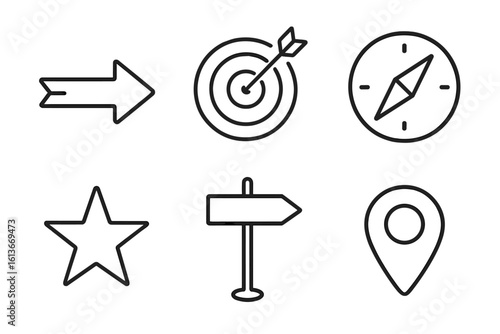 Arrow direction pointer, dartboard target, navigation compass, location pin, wayfinding road sign, outline star linear icons set, minimalist GPS orientation and goal achievement concept illustration