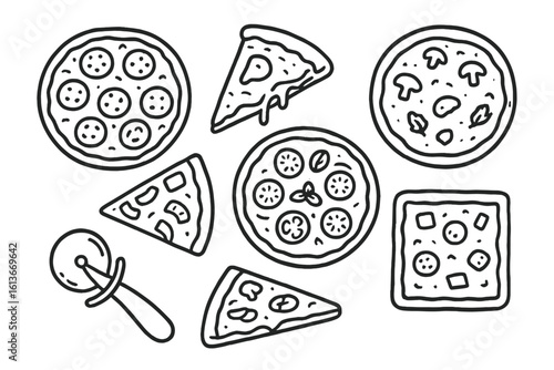 Hand drawn pizza doodle vector set, black and white outline illustration of whole pies, triangular slices, square Sicilian, pepperoni, mushroom, Margherita, Hawaiian, veggie, cutter utensil icons
