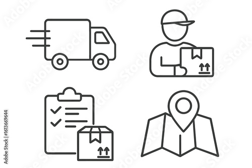 Delivery and logistics icon set in thin line style. Vector symbols for shipping, e-commerce. Fast truck, courier with package, order checklist, and map tracking pin.