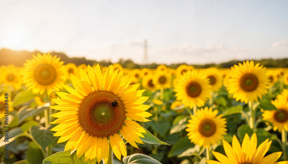 Fototapeta premium Sunflowers blooming in field during sunny day with blue sky