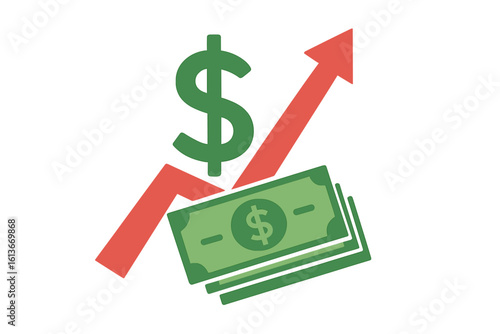 Dollar rate increase concept. Money symbol with an arrow pointing up. Cash salary increase, investment growth. Financial success, profit and earnings gain. Vector icon.