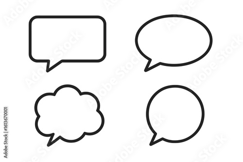Blank speech bubbles set with rectangle oval round cloud shape, comic chat balloon outline icon collection, empty message frame for text, cartoon dialog symbol design, isolated vector illustration