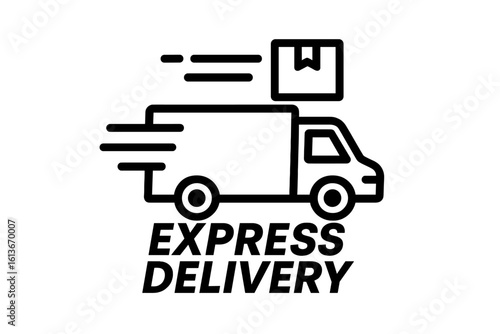 Express delivery truck icon. Fast shipping service logo. Lorry with package moving quickly. Logistics transportation concept for e-commerce. Vector line art illustration.