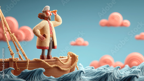 3d Christopher Columbus figure standing on the deck of a wooden sailing ship