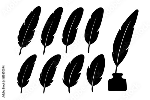 Feathers vector set in flat style. Black quill feather silhouette collection with pen icon and inkwell. Retro writer, literature, and calligraphy concept illustration.