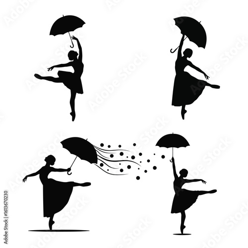 Black silhouettes of ballerinas dancing with umbrellas