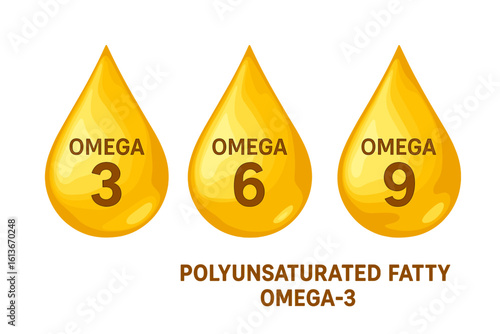 Omega 3, 6, 9 golden oil drops icon. Polyunsaturated essential fatty acids concept. Vitamin complex for health. Fish oil liquid nutrition supplement vector illustration.