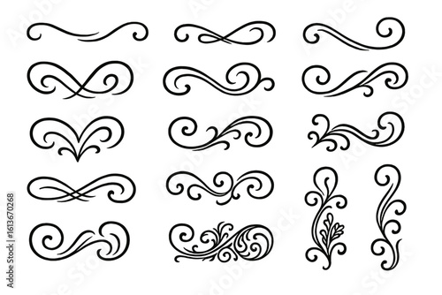 Ornamental swirl dividers set, elegant vintage flourishes, curly calligraphic borders, ornate Victorian lines, tattoo scroll accents, decorative embellishment elements for invitations and branding