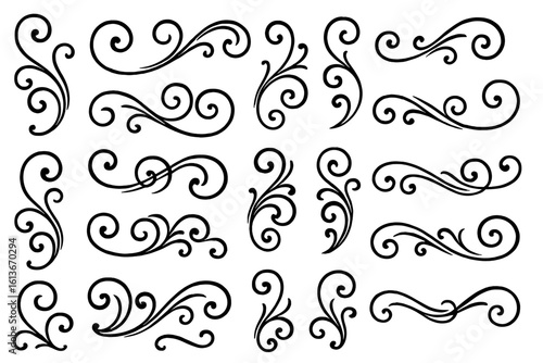 Elegant swirling flourishes and ornate line dividers set, decorative swirl collection for vintage invitations, wedding cards, tattoo design, logo embellishment, calligraphy ornament borders