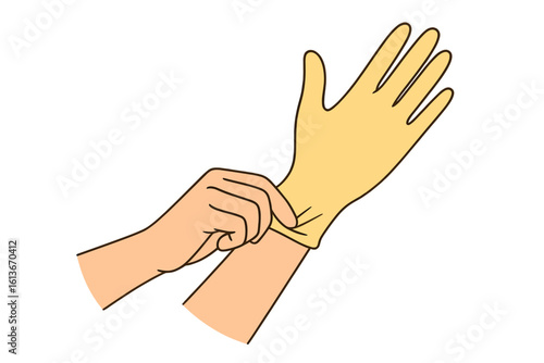 Hands putting on protective rubber gloves for safety. Doctor or nurse wearing sterile latex glove. Concept of hygiene, prevention of infection, virus, and bacteria.