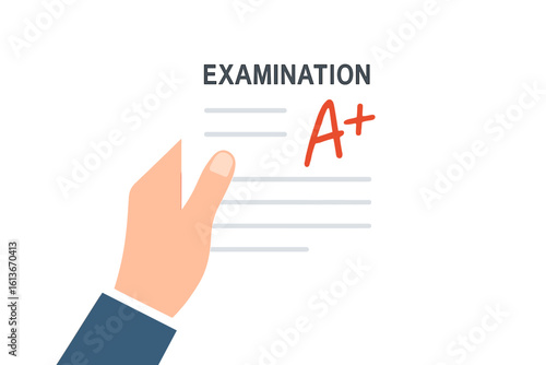 Hand holds an examination sheet with an excellent A+ mark. Testing success sign. Education concept. Student achievement and getting the best grade result. Vector.