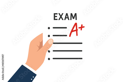Hand holds examination paper with A+ grade. Excellent result of school test. Concept of success, achievement, passing exam, high score. Final evaluation, best mark.