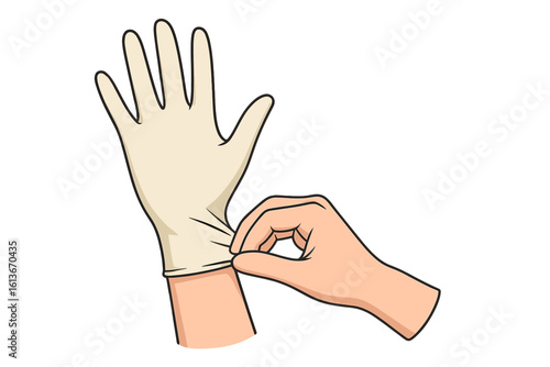 Hands putting on sterile latex gloves. Medical procedure for protection against virus and bacteria. Hygiene and safety concept. Doctor or nurse wearing protective rubber gloves.