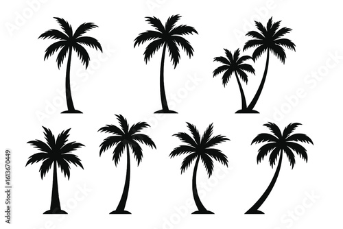 Tropical palm tree silhouettes set, lush coconut palms in diverse shapes, black beach flora icons, summer vacation vibes, travel logo elements, exotic island nature vector illustration