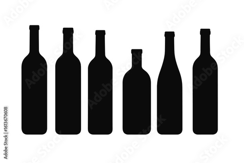 Varied wine bottle silhouettes in row, diverse flask shapes, clean black vector icons on white, alcohol packaging mock-up, winery branding template, beverage industry graphic, minimalist bar decor art