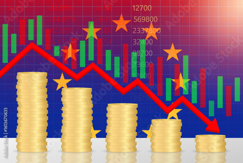 European Union Economy. Flag of EU with Falling Financial Graph. Economic Crisis and Global Recession Concept. Vector Illustration.  