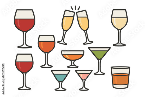 Variety of wine glasses champagne flutes and cocktail martini tumblers set, clinking toast celebration, assorted colored beverages, alcohol bar drinkware illustration, festive party drink collection
