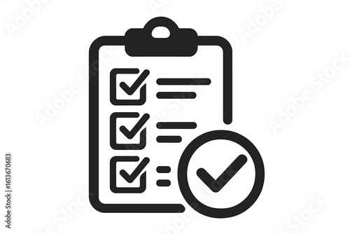 In compliance icon with check mark. Passed inspection and survey report. Clipboard document with checklist for verification. Policy, regulation, and standard certified sign.