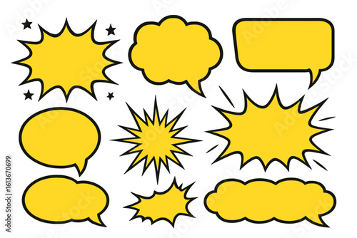 Yellow comic speech bubbles and starburst explosion shapes set, blank pop art text balloons, bang splash flash burst elements pack for graphic design, advertising banner, retro superhero cartoon