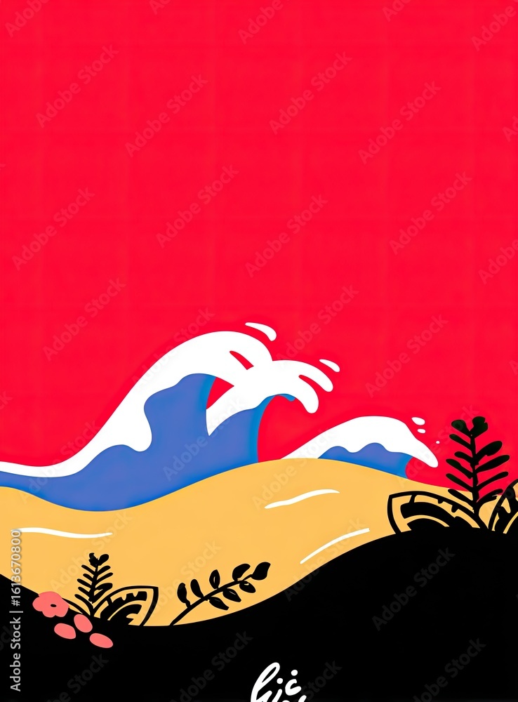 Obraz premium Red background with stylized waves and beach