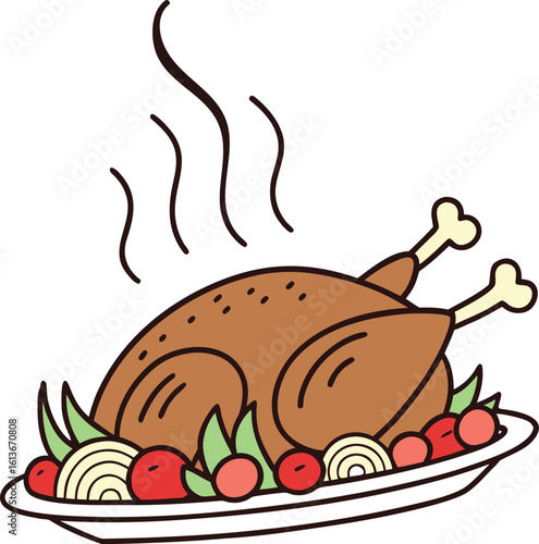 Cartoon Style Roast Turkey on Plate with Vegetables Illustration