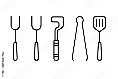 Minimalist campsite grilling utensils icon set. Thin line marshmallow forks, campfire roasting stick, barbecue tongs and spatula. Simple outline camping cooking tools for summer outdoor BBQ design.