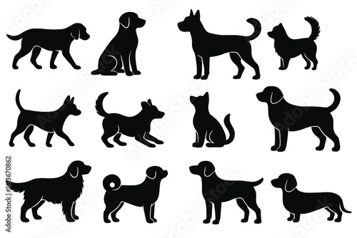 Dog silhouettes bundle of 12 breeds and poses, playful puppy icons, sitting, standing, running, vector pet clipart for trainers, veterinarians, animal shelter marketing, canine logo set