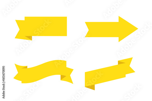 Yellow ribbon banner set. Arrow icon. Web button element. Label tag sticker collection. Promotion sale badge. Modern flat design graphic. Origami style vector illustration.