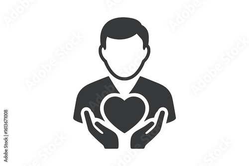 Man holding heart flat icon. Health care, love, and compassion symbol. Charity, donation, and volunteer concept. Life insurance and social support pictogram for web design.