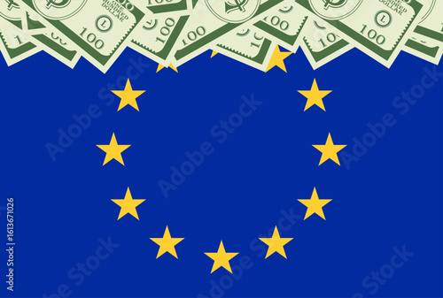 European Union Background. European Flag with Dollar Banknote. EU Economy Concept. Vector Illustration. 
