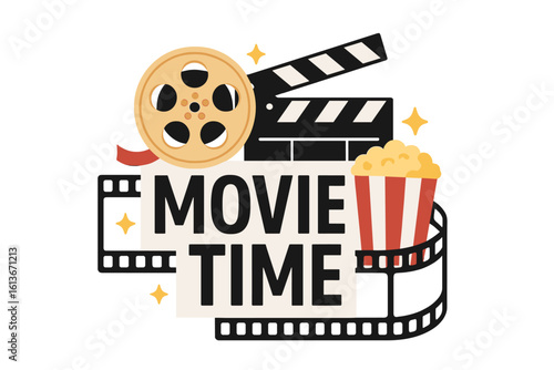 Movie time vector concept for cinema poster. Film festival and movie night entertainment background with popcorn, clapperboard and filmstrip. Flat cartoon illustration.