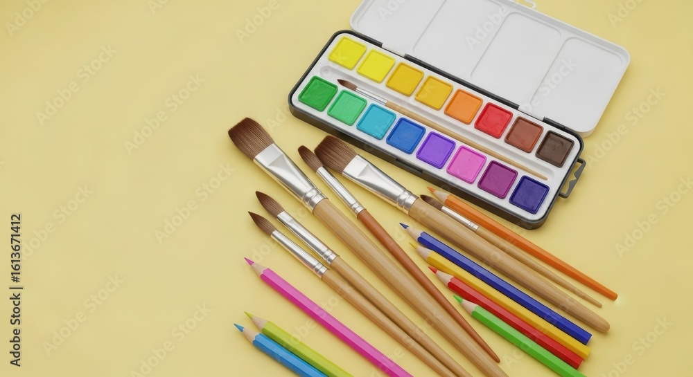 Naklejka premium Vibrant Watercolor Paints, Brushes, and Colored Pencils on Pale Yellow Background