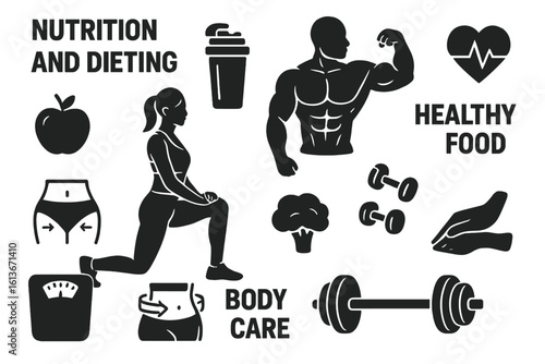Health and fitness icon set. Nutrition, dieting, workout, body care, muscle gain, weight loss concepts. Vector collection with athletes, food, and gym equipment symbols.
