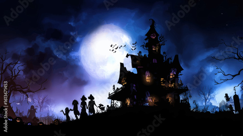 Haunting Halloween Scene Featuring a Spooky Haunted House, Luminous Pumpkins, and a Rising Full Moon on a Chilly Dark Foggy Night	
