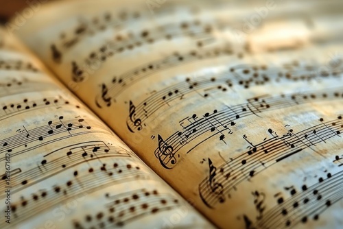 Aged sheet music, notes visible, yellowed pages