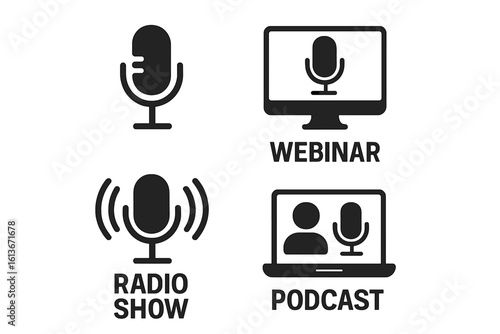 Podcast and webinar icon set. Radio show, online training, and streaming concept. Microphone vector illustration for broadcasting, media, and interviews on a computer.