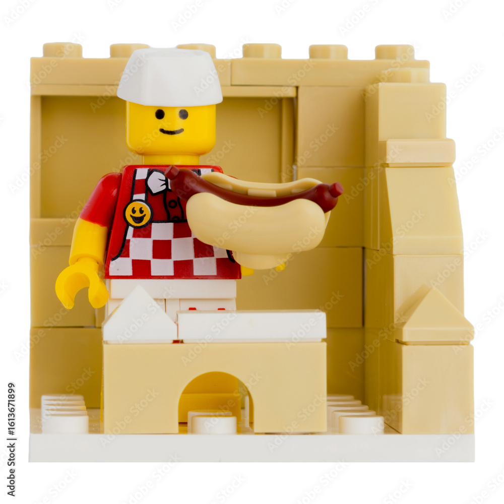 Obraz premium Dortmund - Deutschland 26. Juli 2025 - Lego Figur Hot Dog Verkäufer - Studio Aufnahme